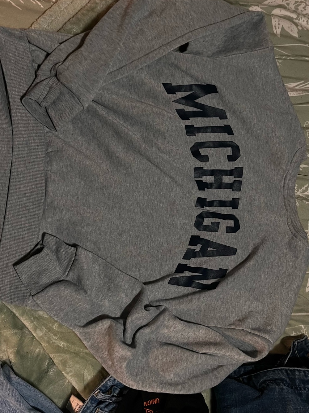 SHEIN Cropped Heather Gray 'MICHIGAN' Graphic Sweatshirt